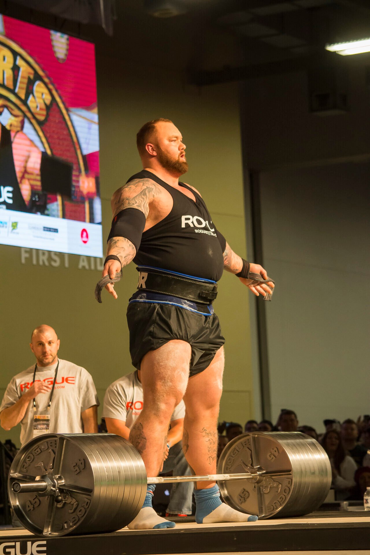 Hafthor Bjornsson standing over a loaded barbell at the Arnold Classic in 2017