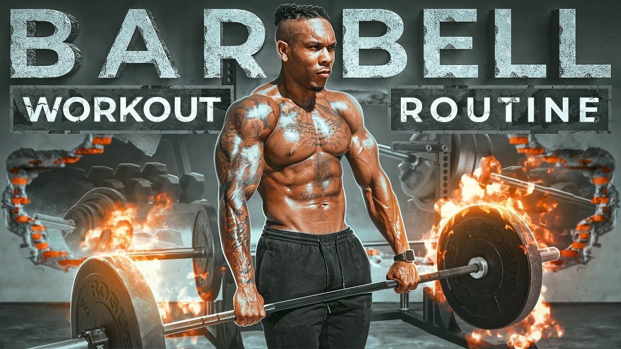 Bully Juice holding a barbell in a BARBELL WORKOUT ROUTINE thumbnail graphic