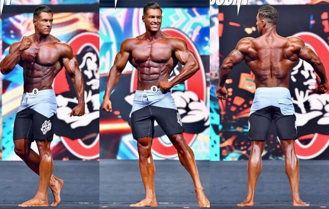 Carlos Deoliveira posing on stage from the side, front and back