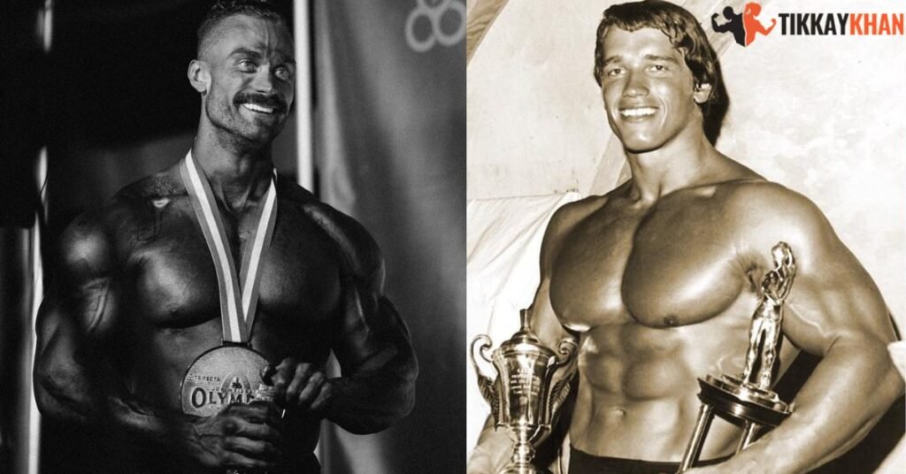 Chris Bumstead holding an Olympia medal beside young Arnold Schwarzenegger holding trophies