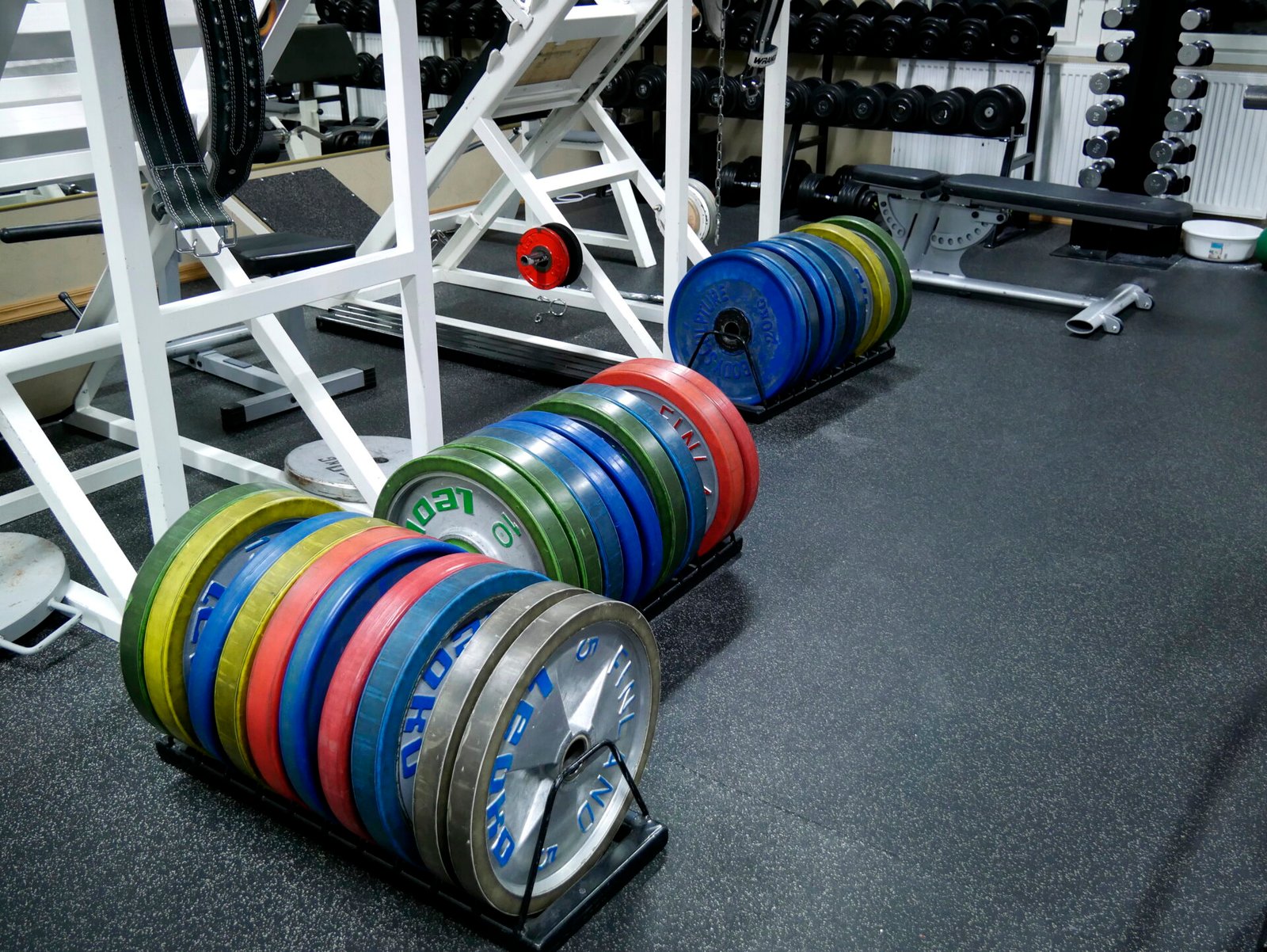 Weight plates in a gym
