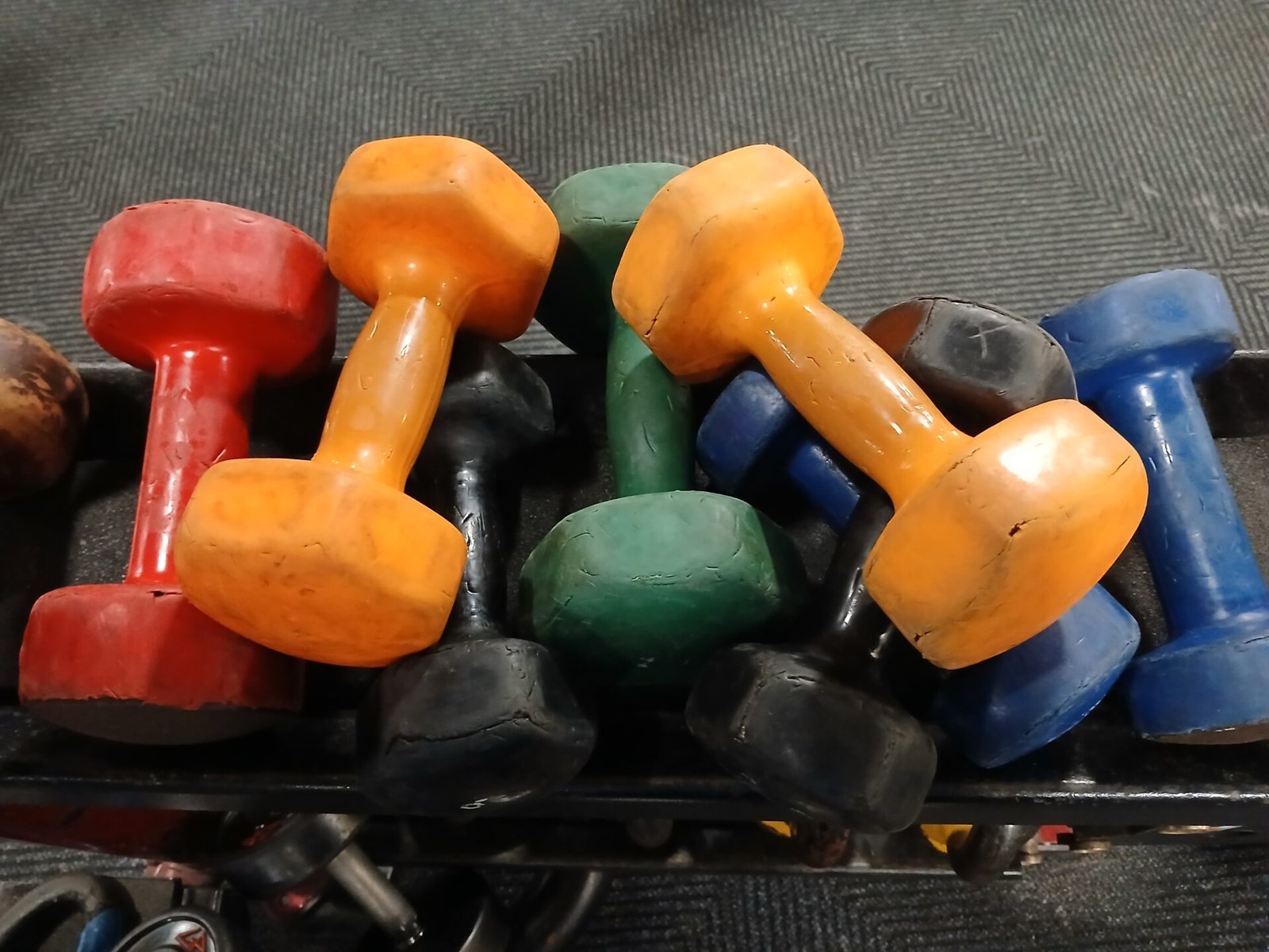 Dumbbells racked in a gym
