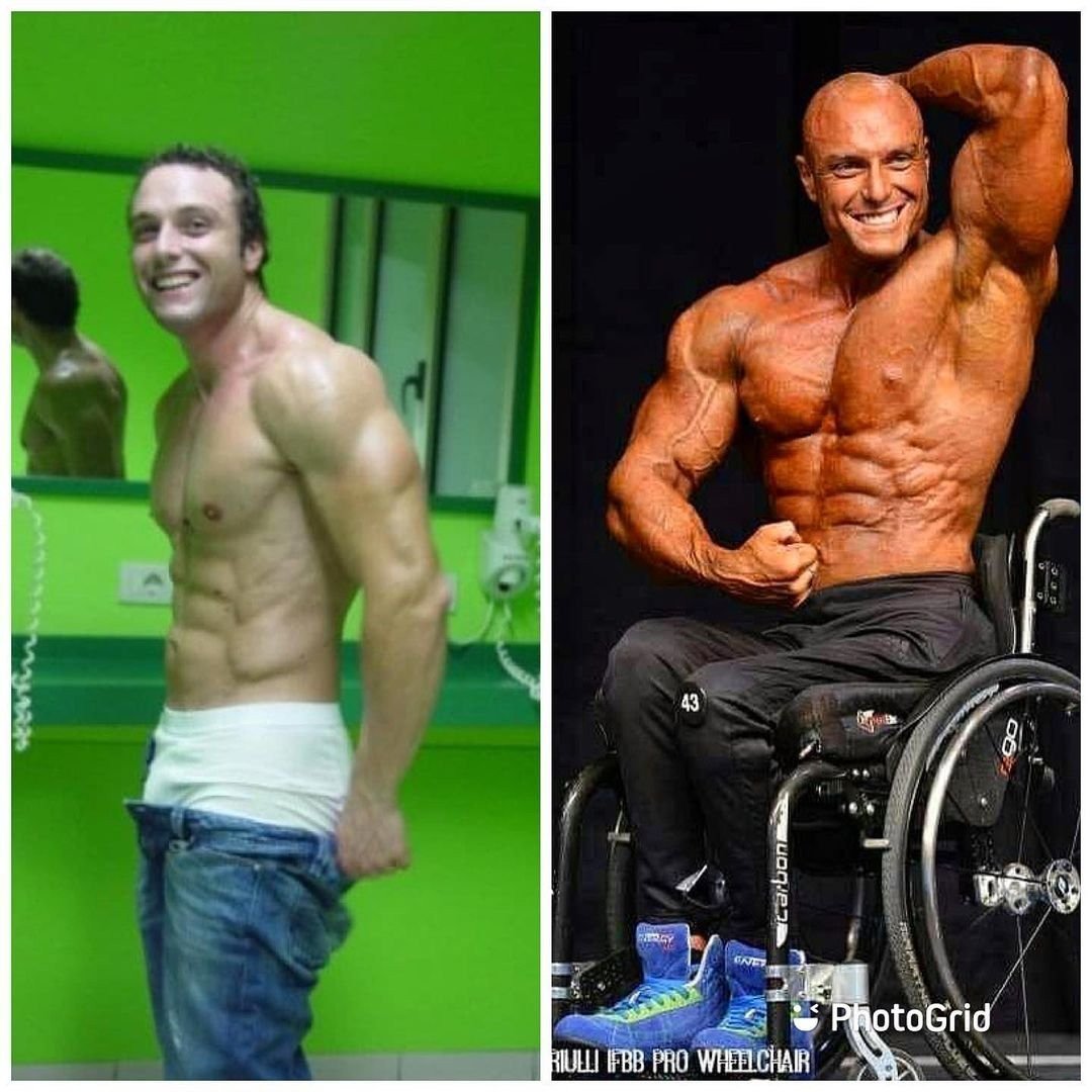 Gabriele Andriulli before his accident and later competing as a wheelchair bodybuilder