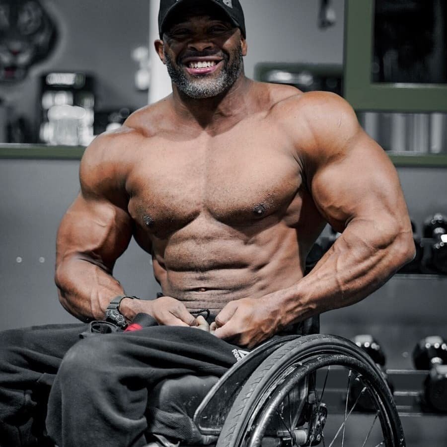 Harold Kelley in his wheelchair in the gym