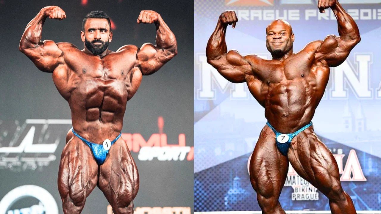 Hadi Choopan and Kai Greene in the front double biceps pose, side by side from separate contests