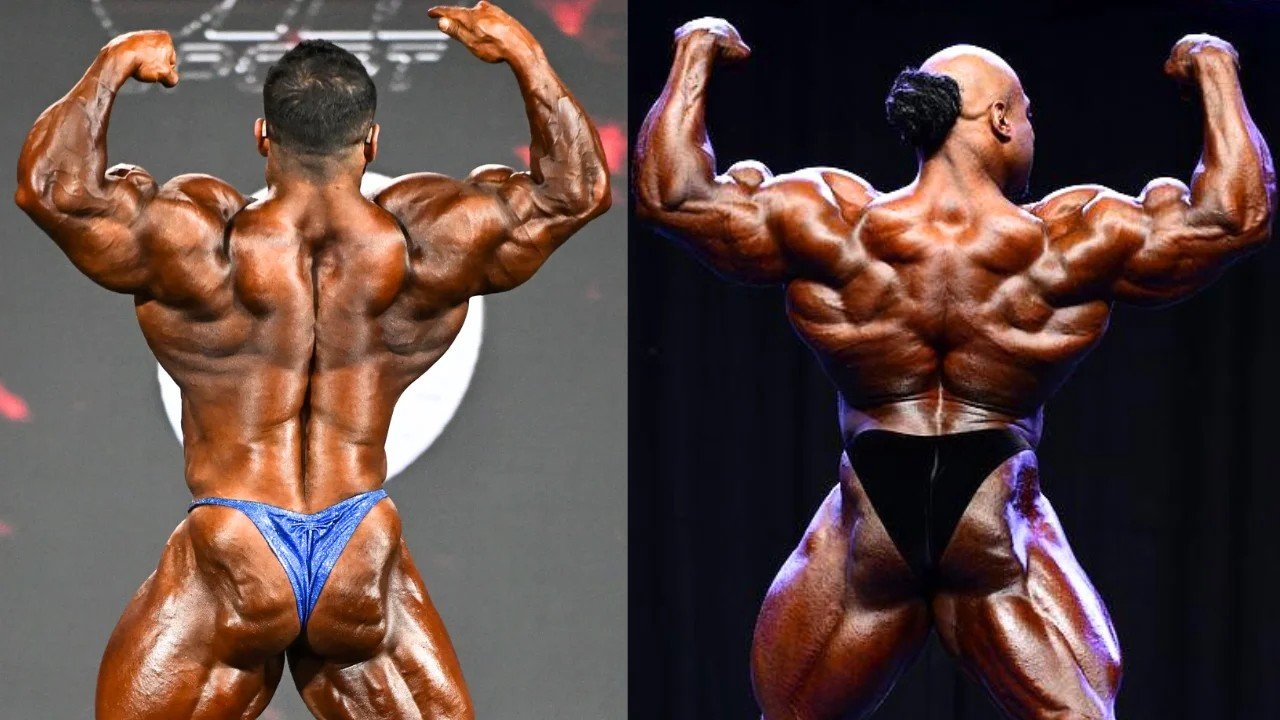 Hadi Choopan and Kai Greene in the back double biceps pose, side by side from separate contests