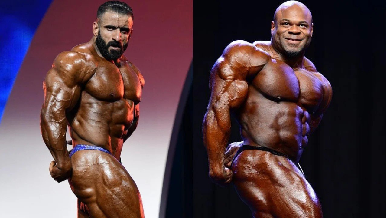 Hadi Choopan and Kai Greene in the side triceps pose, side by side from separate contests