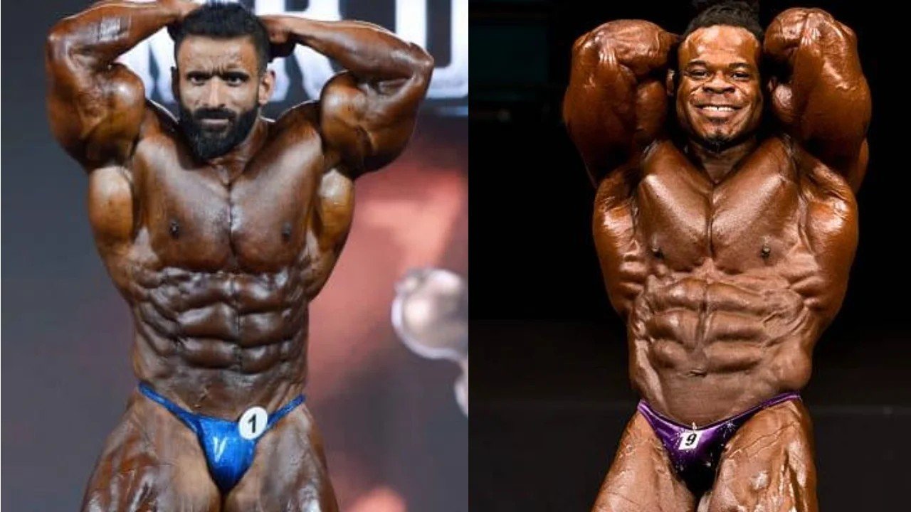 Hadi Choopan and Kai Greene in the abdominals and thighs pose, side by side from separate contests