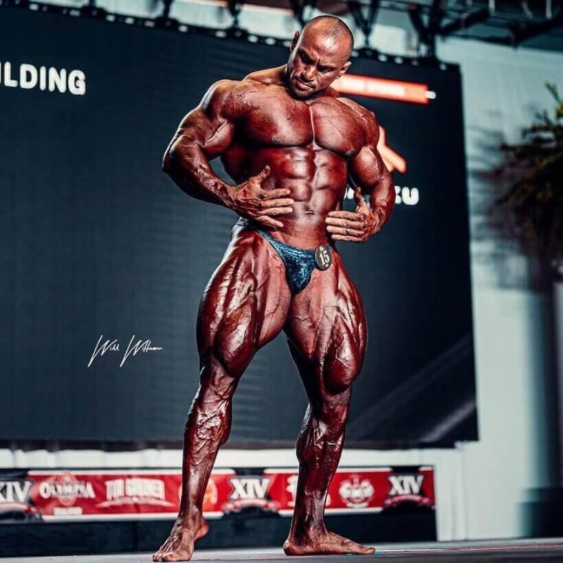 Mohamed Shaaban posing on the Mr. Olympia stage