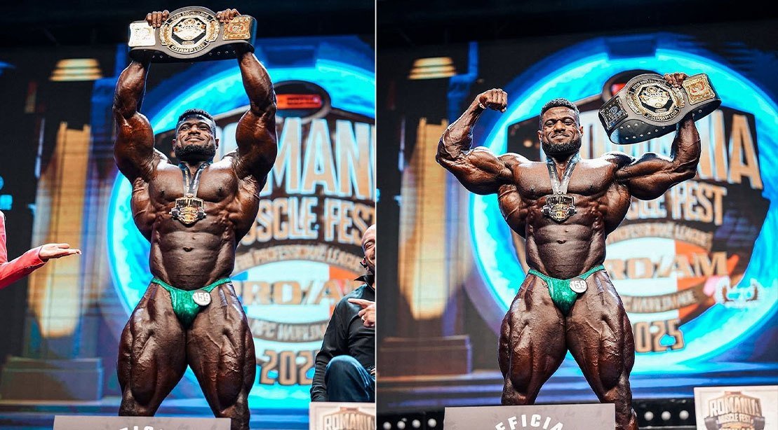 Andrew Jacked holding the Romania Muscle Fest Pro belt in 2025
