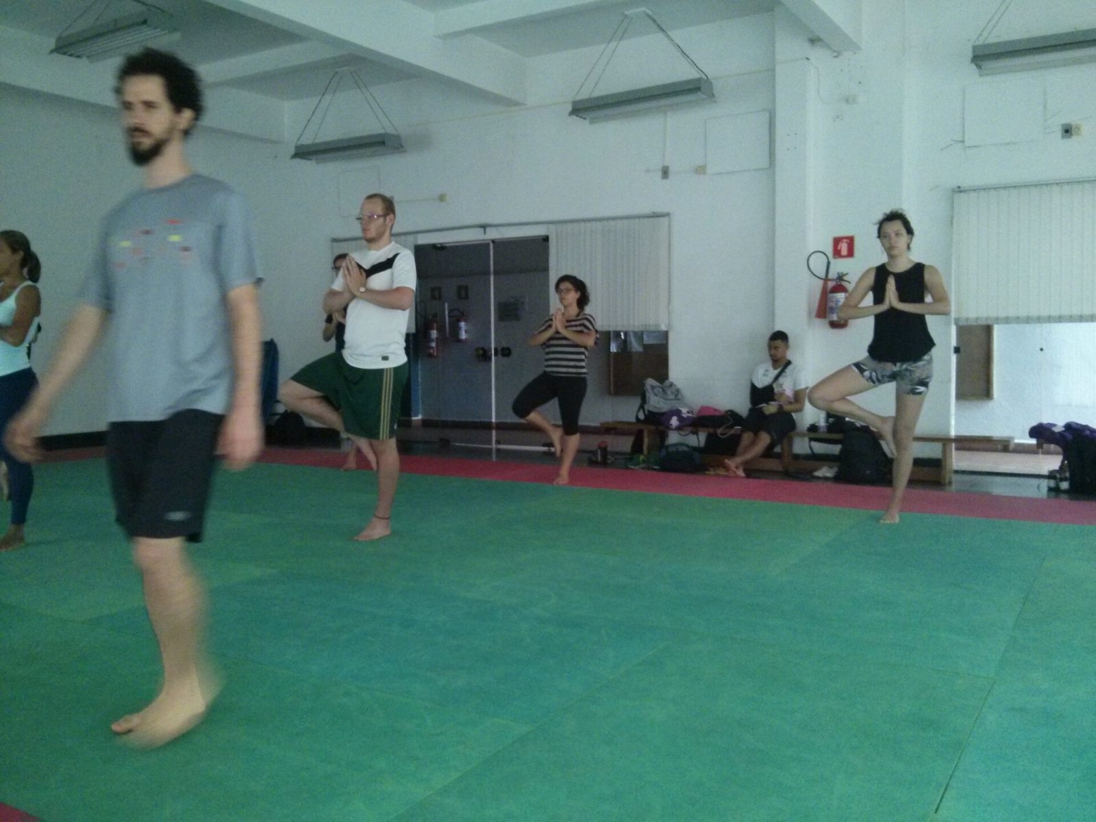 People in a studio practising tree pose, standing on one leg with the other foot on the inner thigh